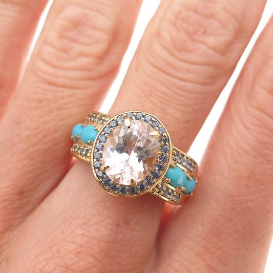 925 Sterling Silver Gold Plated Real Morganite Turquoise Sapphire Ring Size 8.25