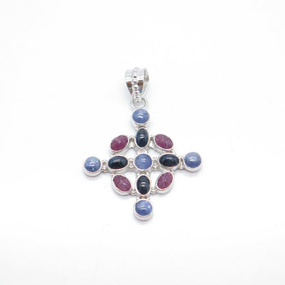 925 Sterling Silver Vintage Real Tanzanite & Pink Blue Sapphire Gem Pendant