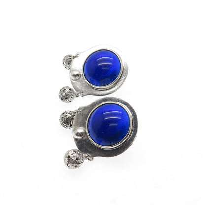 HELEN LONG Old Pawn 925 Sterling Silver Vintage Blue Glass Screw Back Earrings