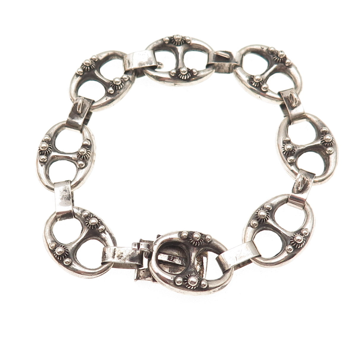 925 Sterling Silver Antique Art Deco Cannetille Anchor Link Bracelet 7.25"