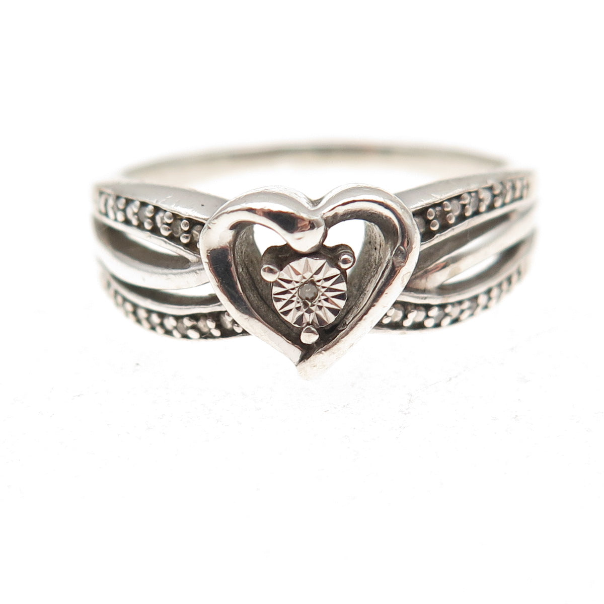 925 Sterling Silver Real Round-Cut Diamond Heart Ring Size 9