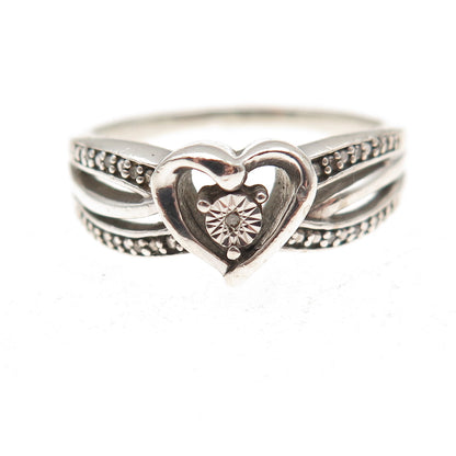 925 Sterling Silver Real Round-Cut Diamond Heart Ring Size 9