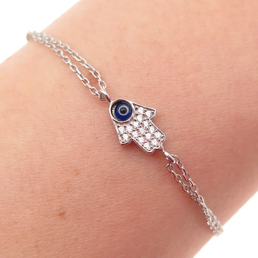 925 Sterling Silver Murano Glass & C Z Hamsa Evil's Eye Bracelet 6.25-7.75"