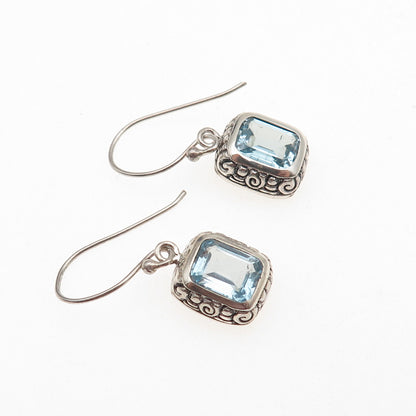 925 Sterling Silver Vintage Real Blue Topaz Spiral Oxidized Dangle Earrings