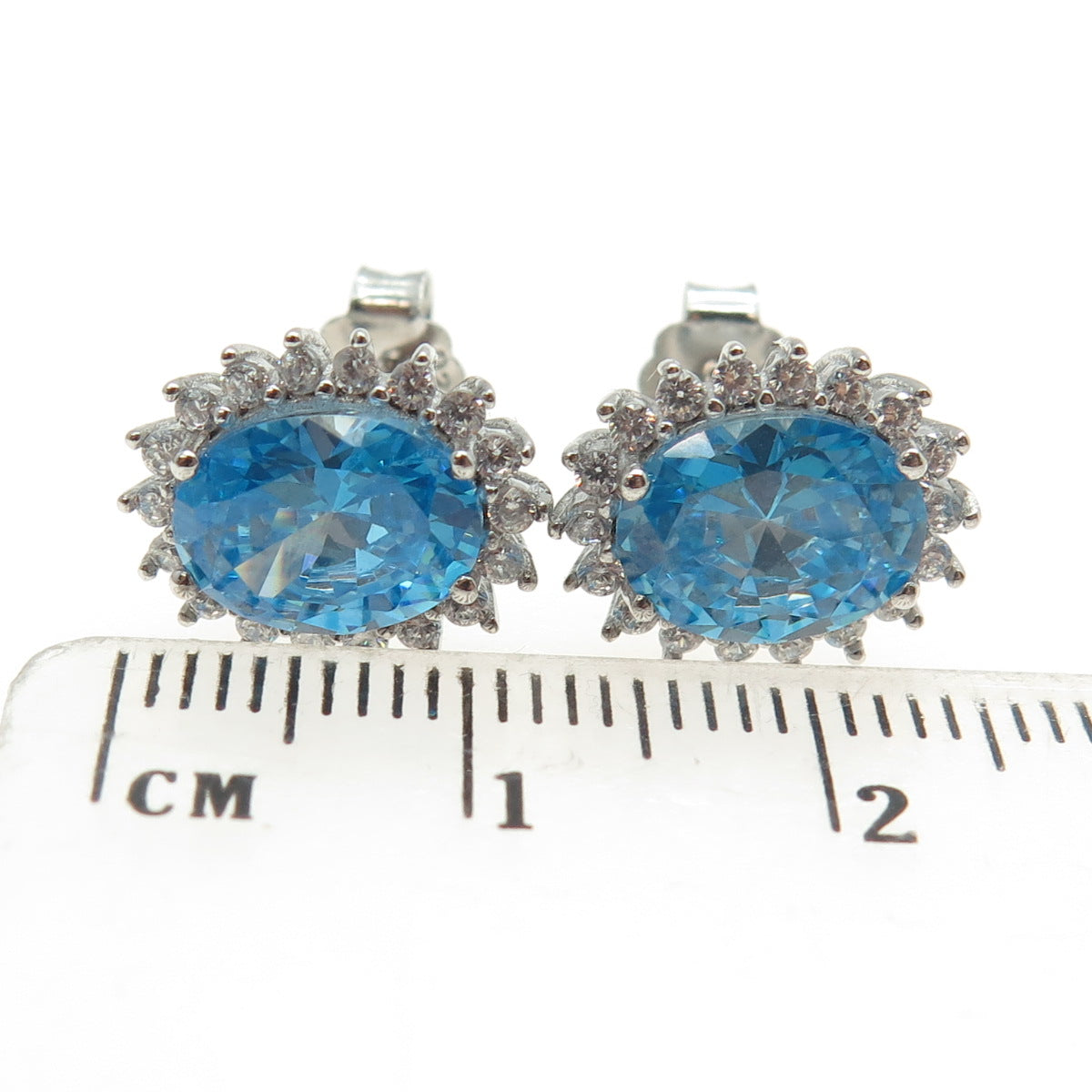 925 Sterling Silver Oval & Round-Cut Blue White C Z Floral Earrings