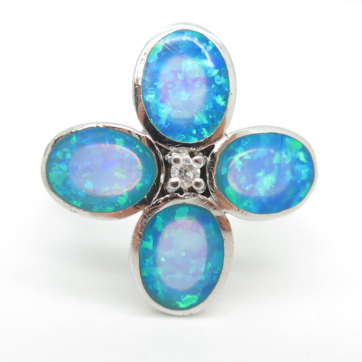 925 Sterling Silver Real Opal & C Z Floral Ring Size 6.25