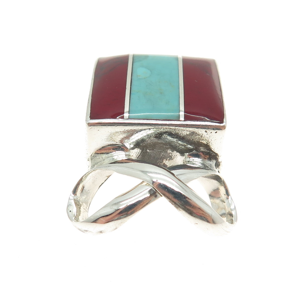 925 Sterling Silver Vintage Mexico Real Turquoise & Red Jasper Infinity Pendant