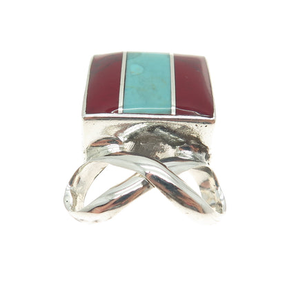 925 Sterling Silver Vintage Mexico Real Turquoise & Red Jasper Infinity Pendant