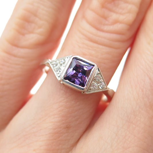 925 Sterling Silver Vintage Princess-Cut Purple Round-Cut White C Z Ring Size 6