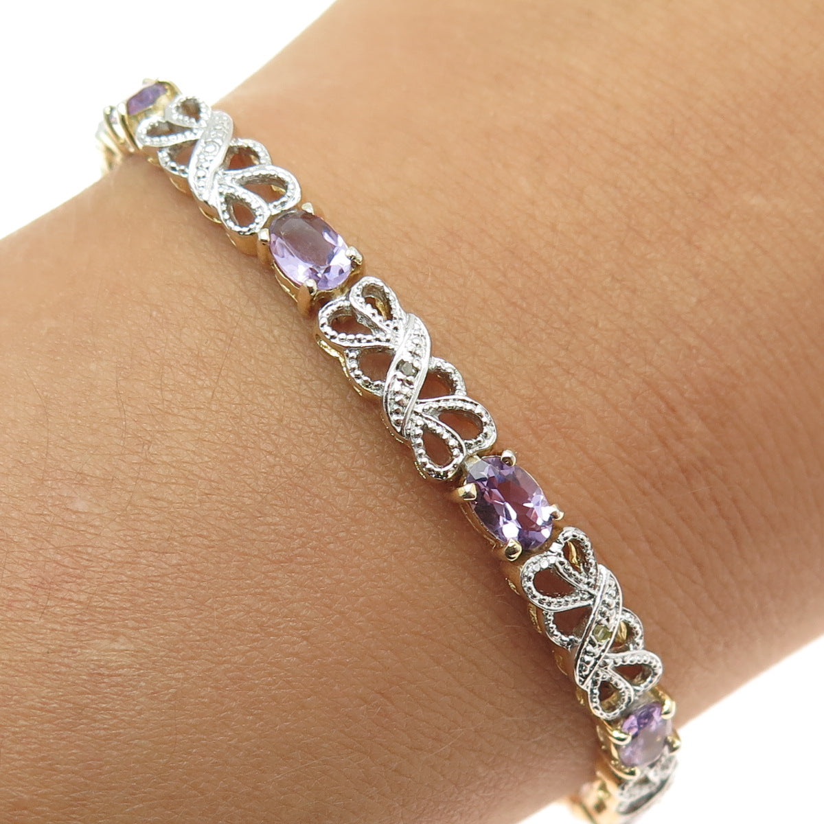 HAN 925 Sterling Silver 2-Tone Real Diamond Accent Amethyst Gem Bracelet 7.25"