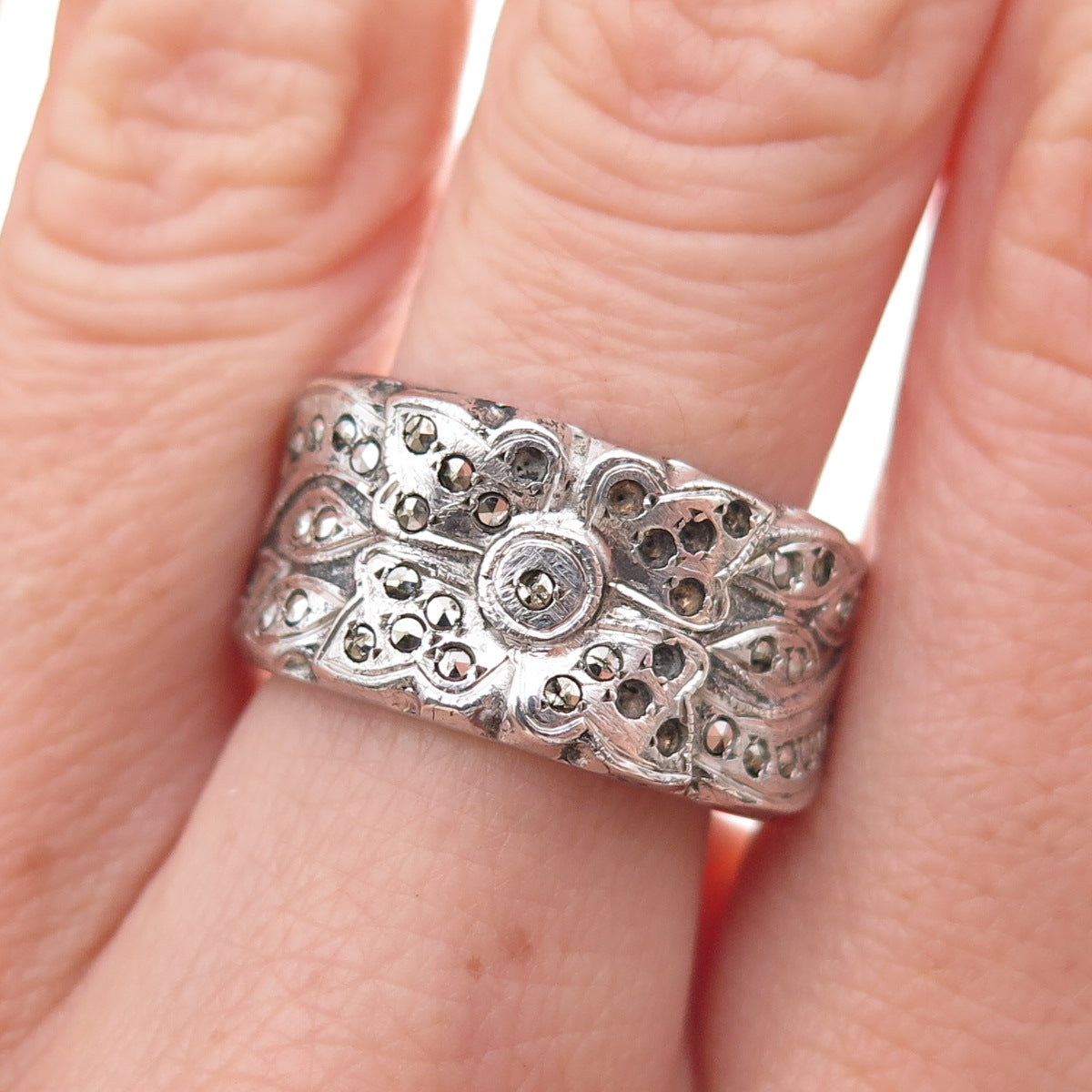 925 Sterling Antique Art Deco Marcasite Floral Ring Size 7.25 (missing stones)