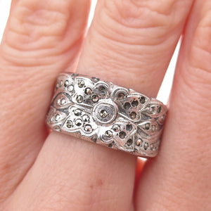 925 Sterling Antique Art Deco Marcasite Floral Ring Size 7.25 (missing stones)