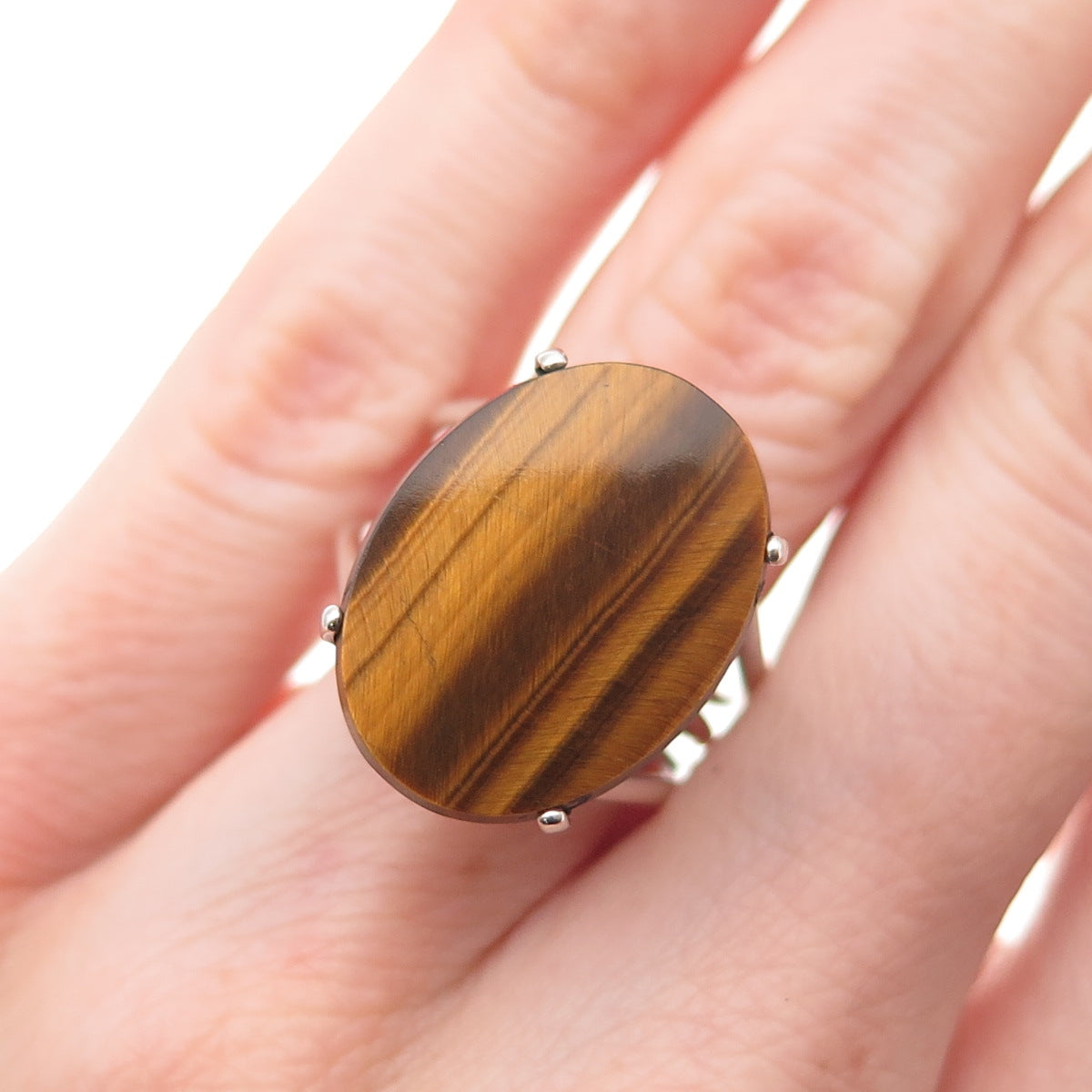 Beau Sterling Silver Vintage Real Tiger Eye Modernist Adjustable Ring Size 7.75