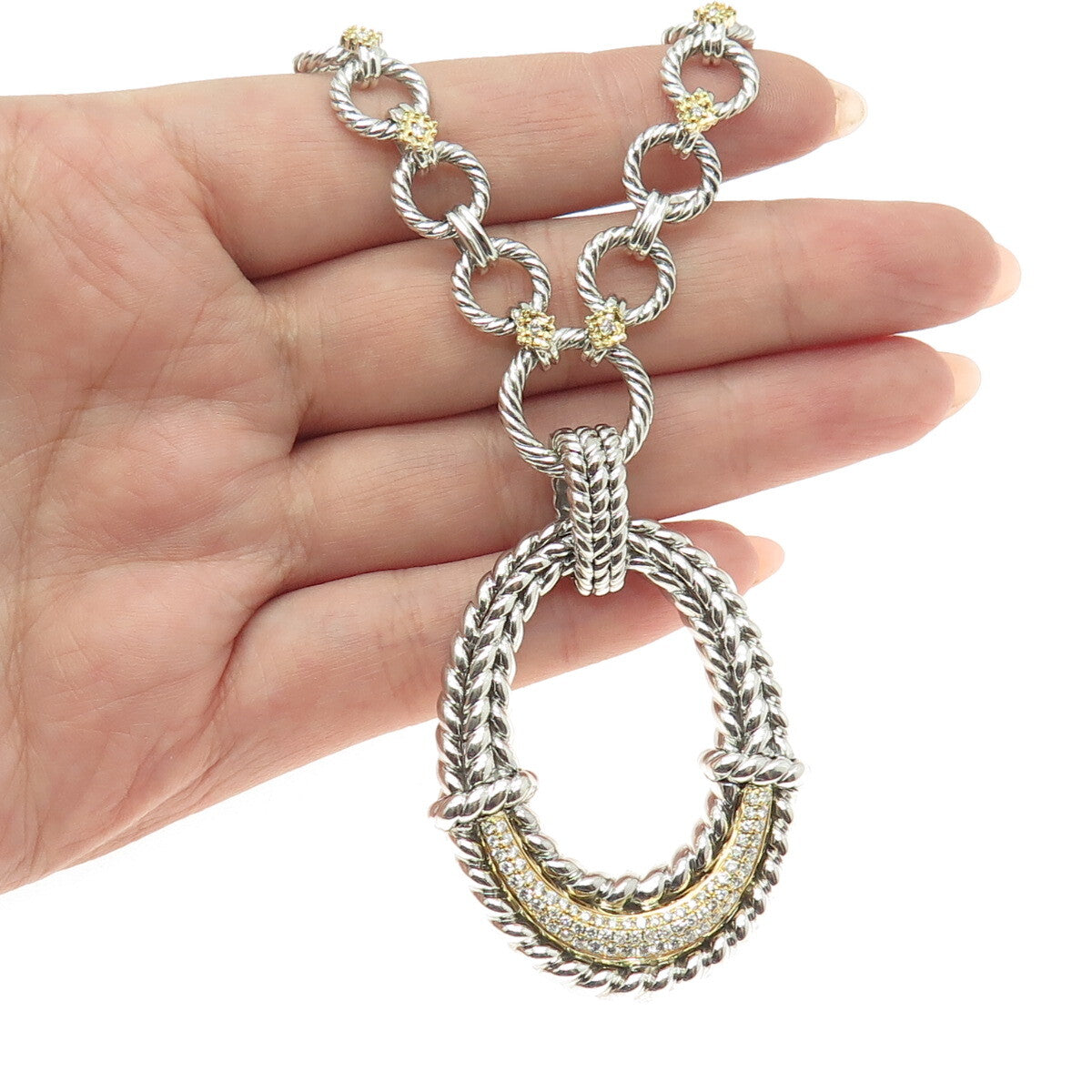 DANWAK 18K Gold 925 Sterling 76-Pave Diamonds 0.85ct Crescent Chain Necklace 16"