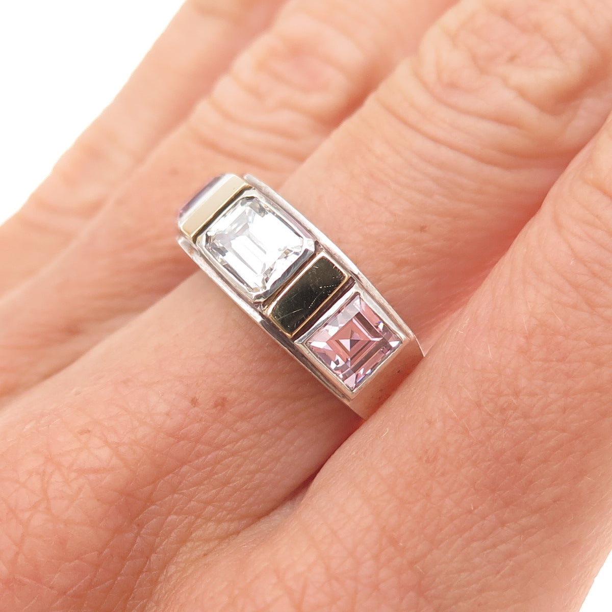 Classique 925 Sterling Silver 14K Gold Vintage White & Pink C Z Ring Size 6.25