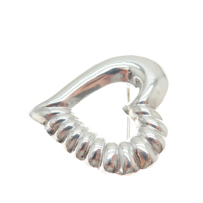 925 Sterling Silver Vintage Modernist Ribbed Heart Pin Brooch