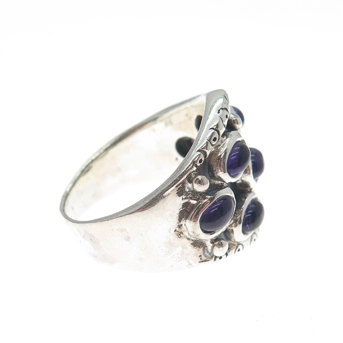 925 Sterling Silver Vintage Real Amethyst Modernist Oxidized Ring Size 8