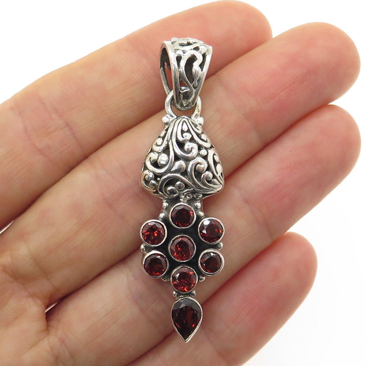 925 Sterling Silver Vintage Real Round & Pear-Cut Red Garnet Ornate Pendant