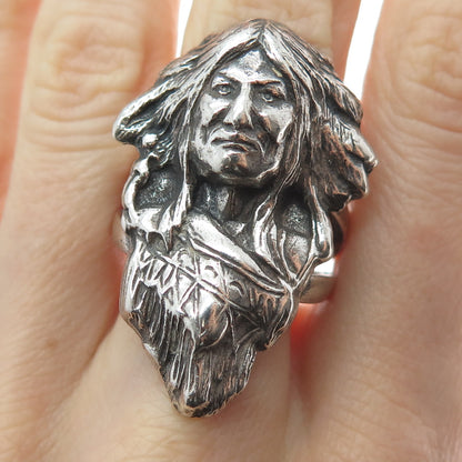 925 Sterling Silver Vintage Indian Chief Statement Oxidized Ring Size 10.5
