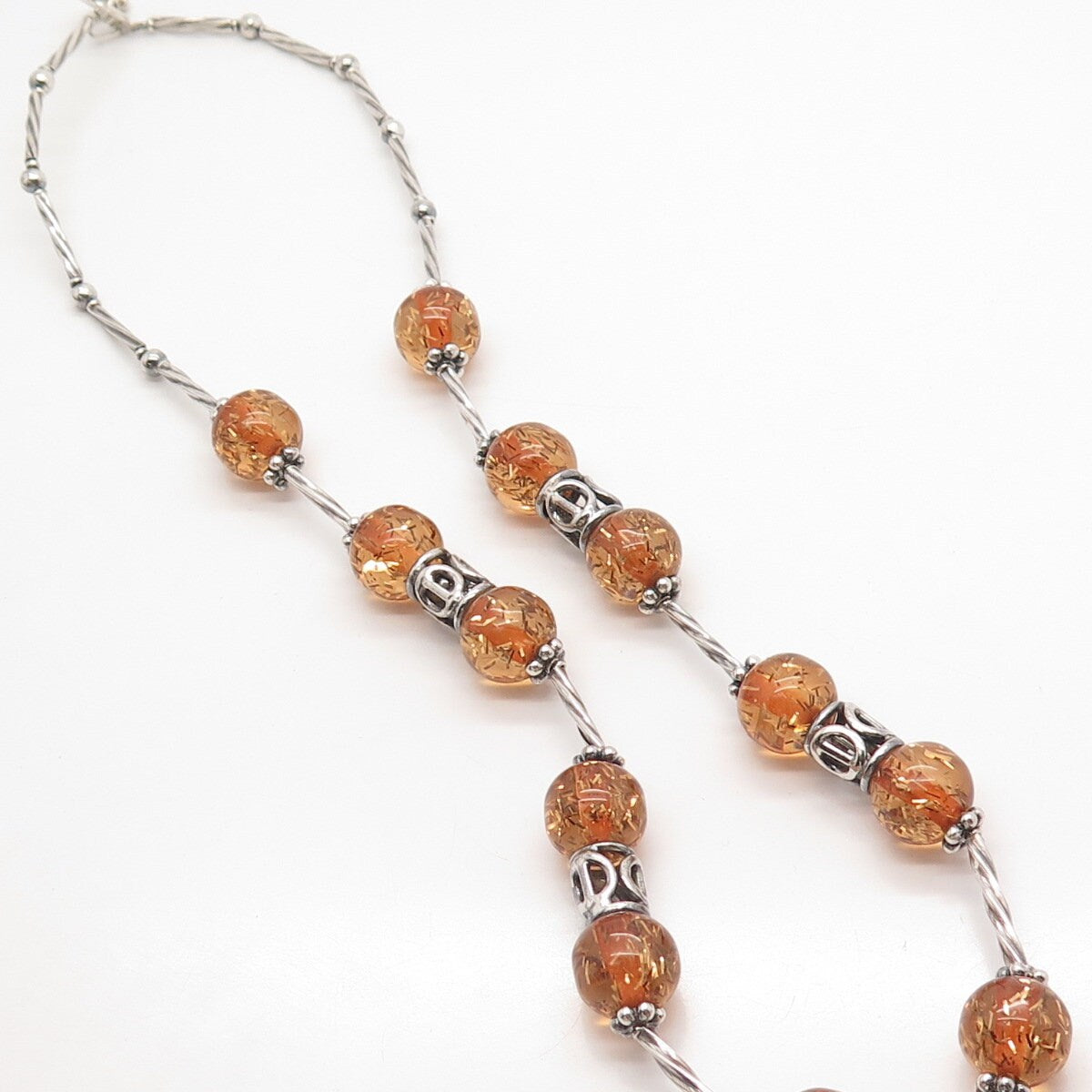 925 Sterling Silver Vintage Real Rutilated Quartz Ethnic Bar Chain Necklace 20"