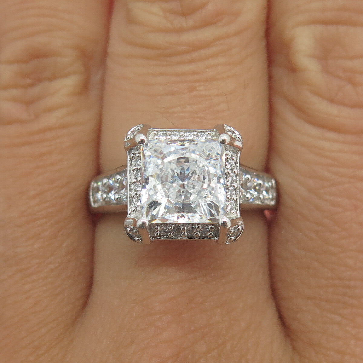 925 Sterling Silver Princess & Round-Cut C Z Engagement Ring Size 8