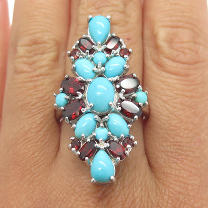 CHAPAL ZENRAY 925 Sterling Silver Red Garnet Gem & Faux Turquoise Ring Size 10