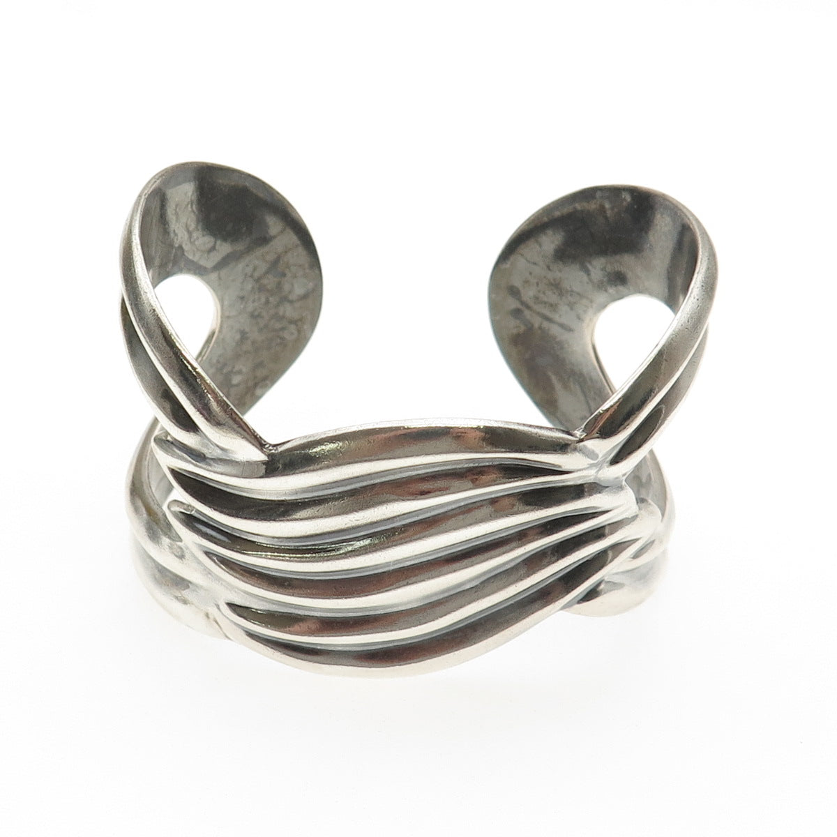 925 Sterling Silver Vintage Mexico Modernist Wavy Adjustable Cuff Bracelet 6.75"