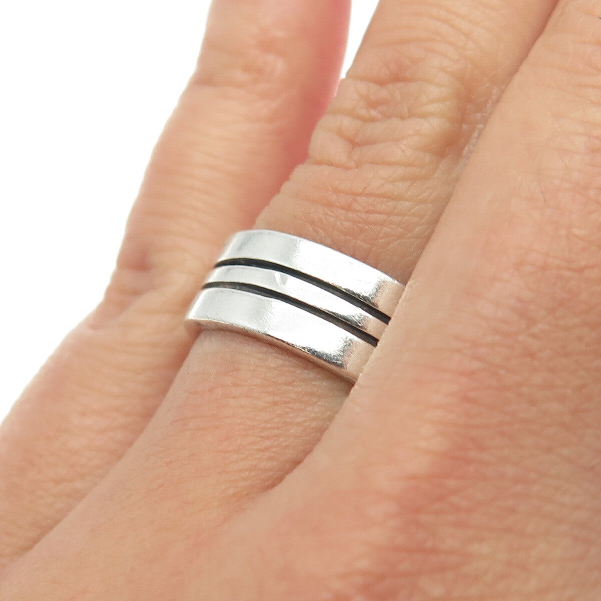 925 Sterling Silver Vintage Mexico Lined All Around Band Ring Size 7