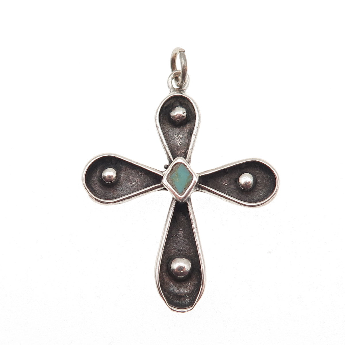 Old Pawn 925 Sterling Silver Vintage Turquoise Cross Oxidized Charm Pendant