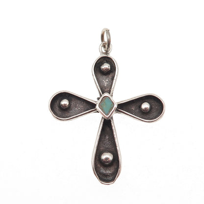 Old Pawn 925 Sterling Silver Vintage Turquoise Cross Oxidized Charm Pendant