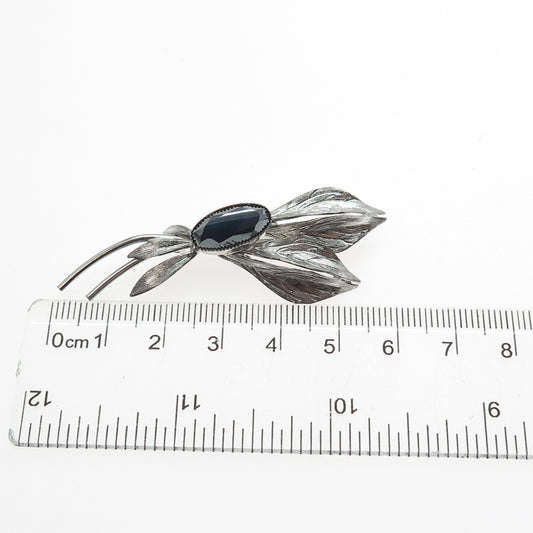 CURTIS CREATIONS 925 Sterling Silver Antique Real Hematite Flora Leaf Pin Brooch