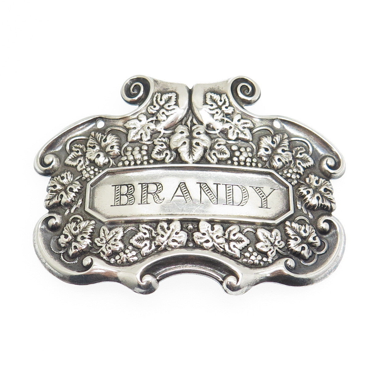 925 Sterling Silver Antique Art Deco "Brandy" Repousse Bottle Tag Plate #351