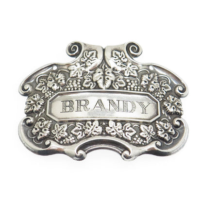 925 Sterling Silver Antique Art Deco "Brandy" Repousse Bottle Tag Plate #351
