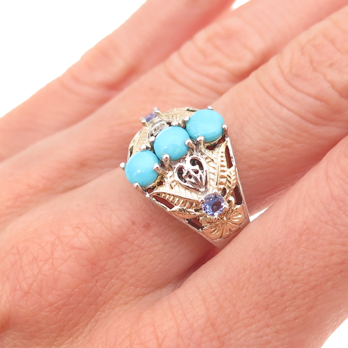 Chuck Clemency Sterling Silver 2-Tone Real Turquoise & Tanzanite Ring Size 8.25