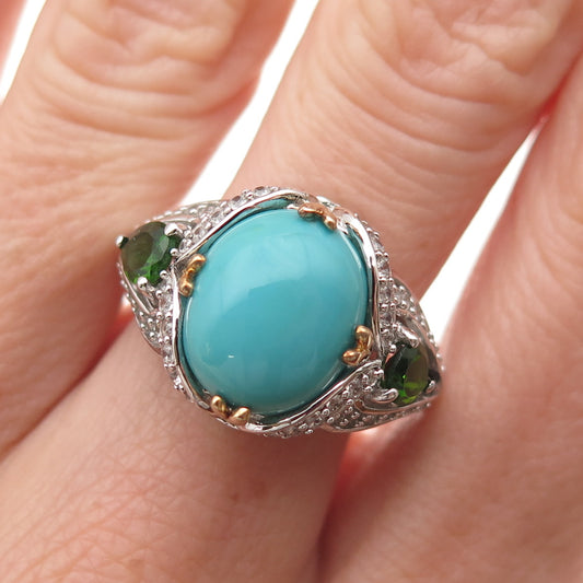 925 Sterling Silver 2-Tone Real Turquoise Peridot & White Topaz Ring Size 8.25