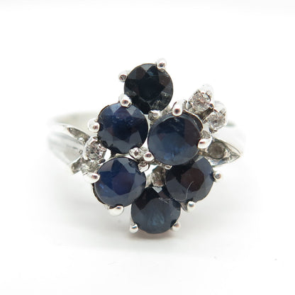 925 Sterling Silver Vintage Real White Topaz & Sapphire Gemstone Ring Size 7.25