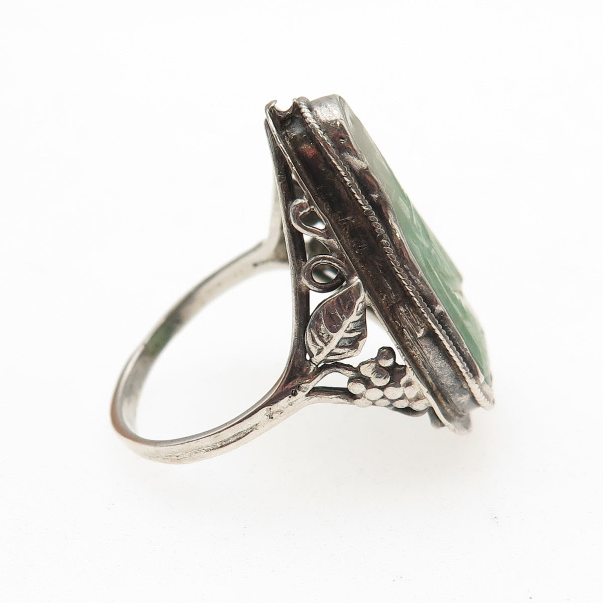 925 Sterling Silver Antique China Real Jade Carved Buddha Ring Size 8.25
