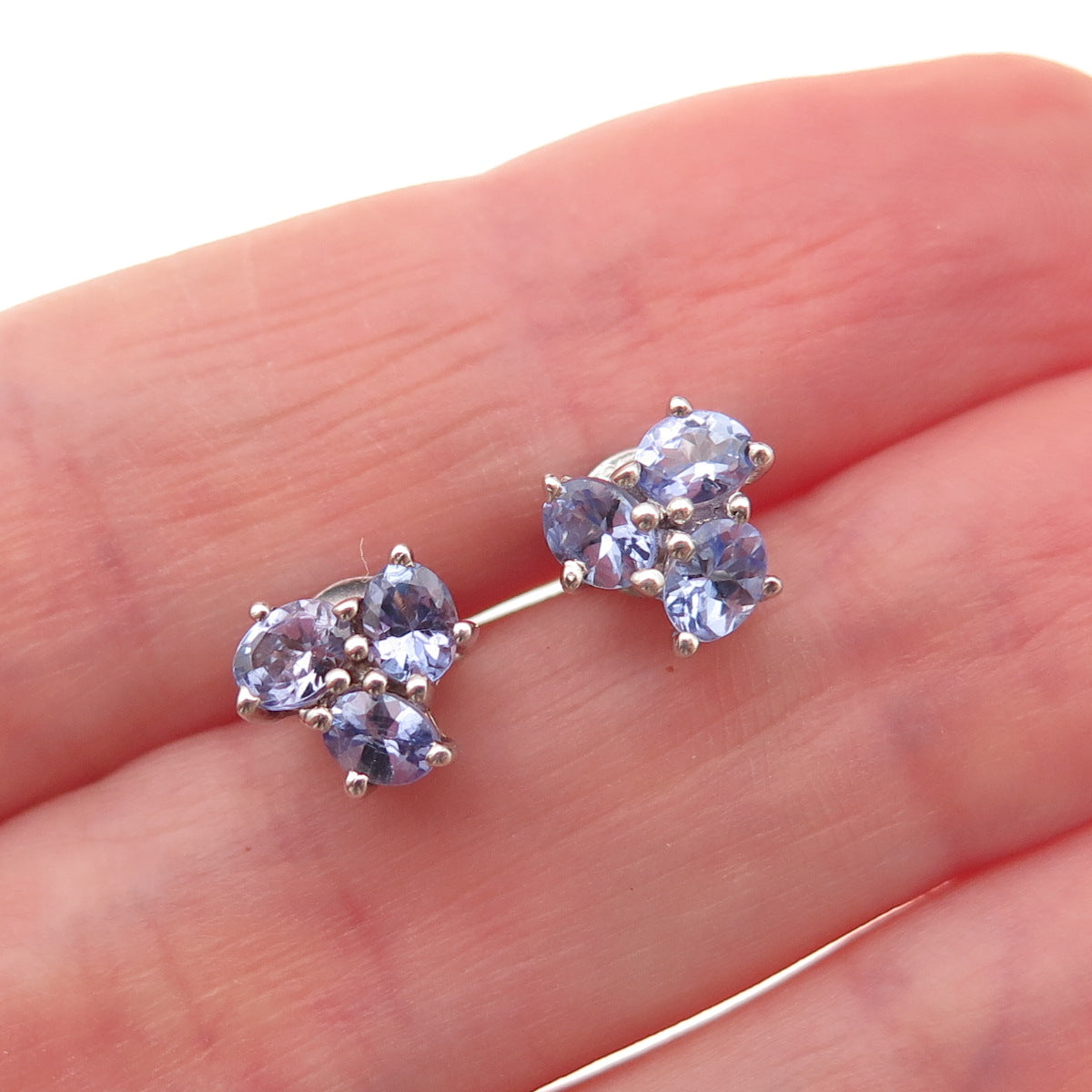 Chuck Clemency 925 Sterling Silver Real Oval-Cut Tanzanite Cluster Stud Earrings