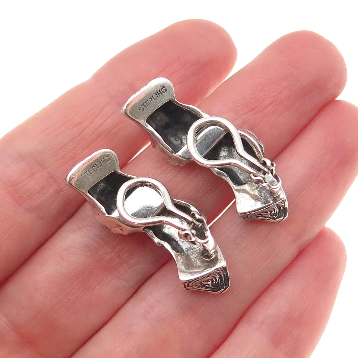 925 Sterling Silver Vintage Modernist Oxidized Clip On Earrings