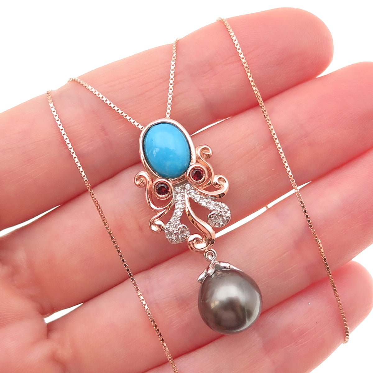 925 Sterling Gold Plated Turquoise Topaz Garnet & Pearl Box Chain Necklace 18"