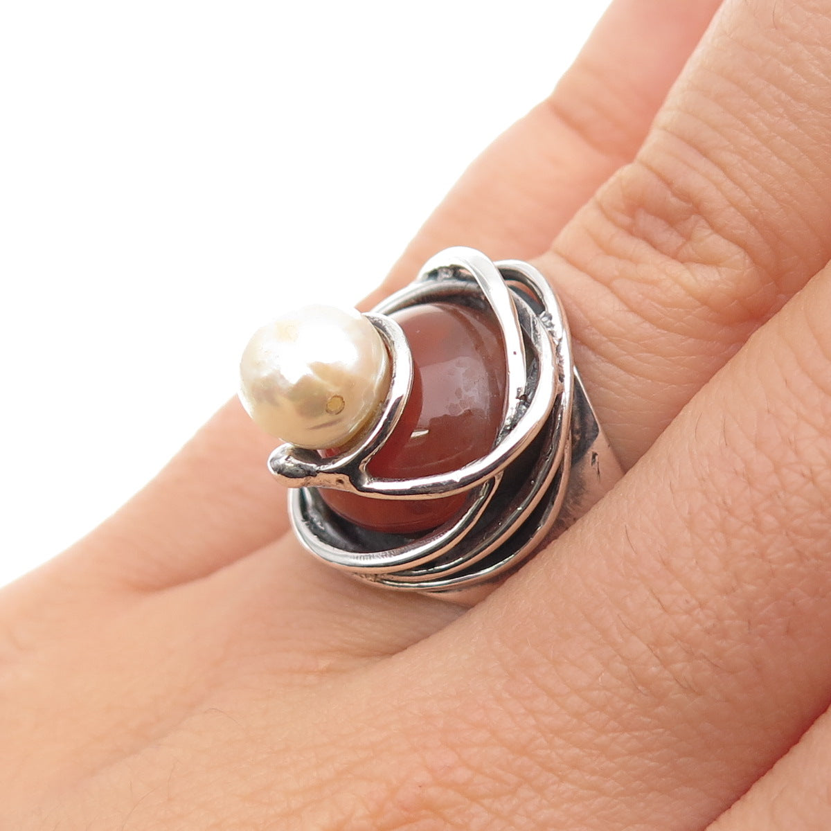 925 Sterling Vintage Spain Real Pearl & Agate Modernist Adjustable Ring Size 7.5