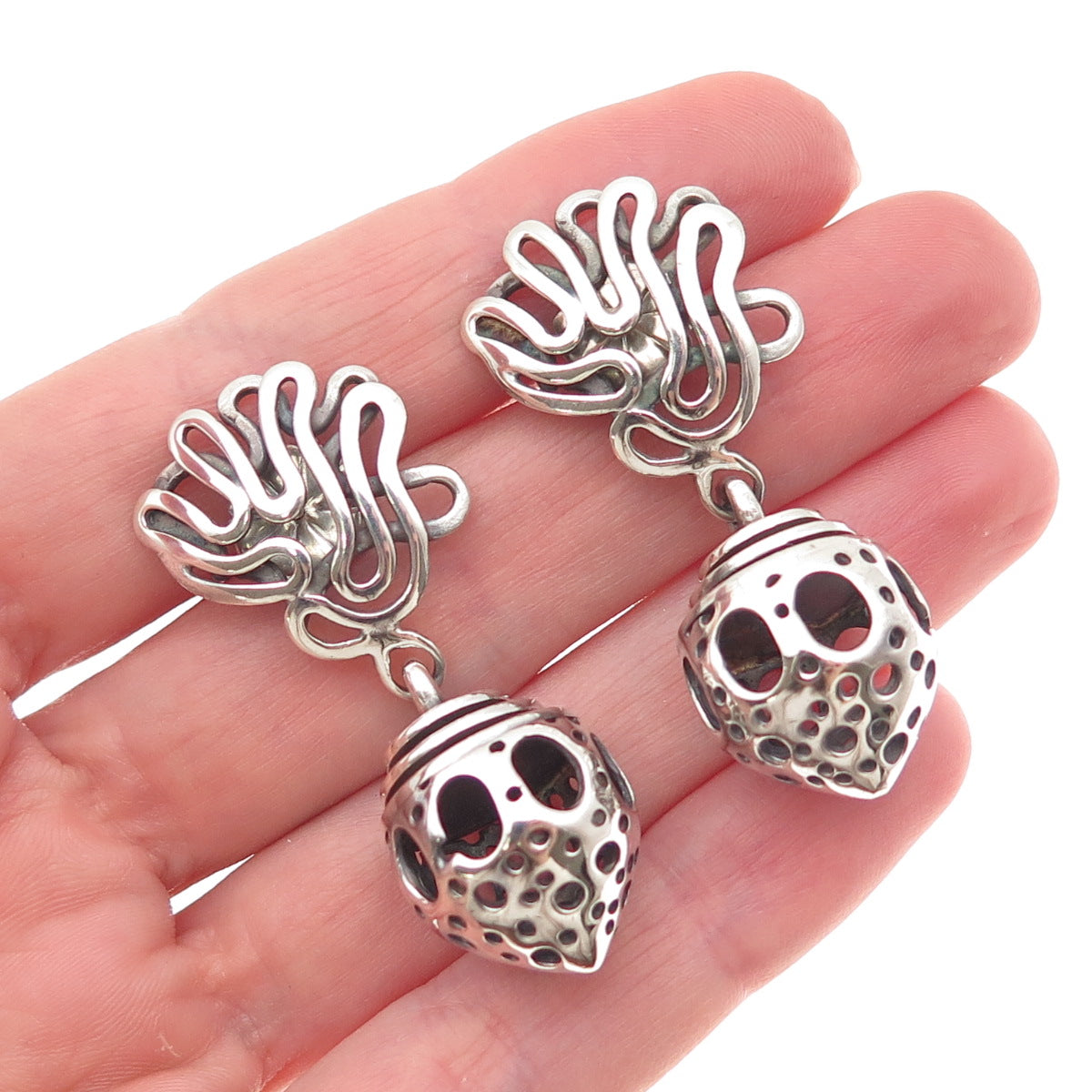 925 Sterling Silver Vintage Modernist Oxidized Bead Dangle Earrings