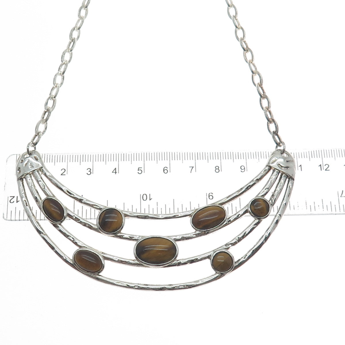 925 Sterling Silver Vintage Real Tiger Eye Modernist Crescent Chain Necklace 18"