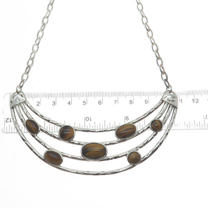 925 Sterling Silver Vintage Real Tiger Eye Modernist Crescent Chain Necklace 18"