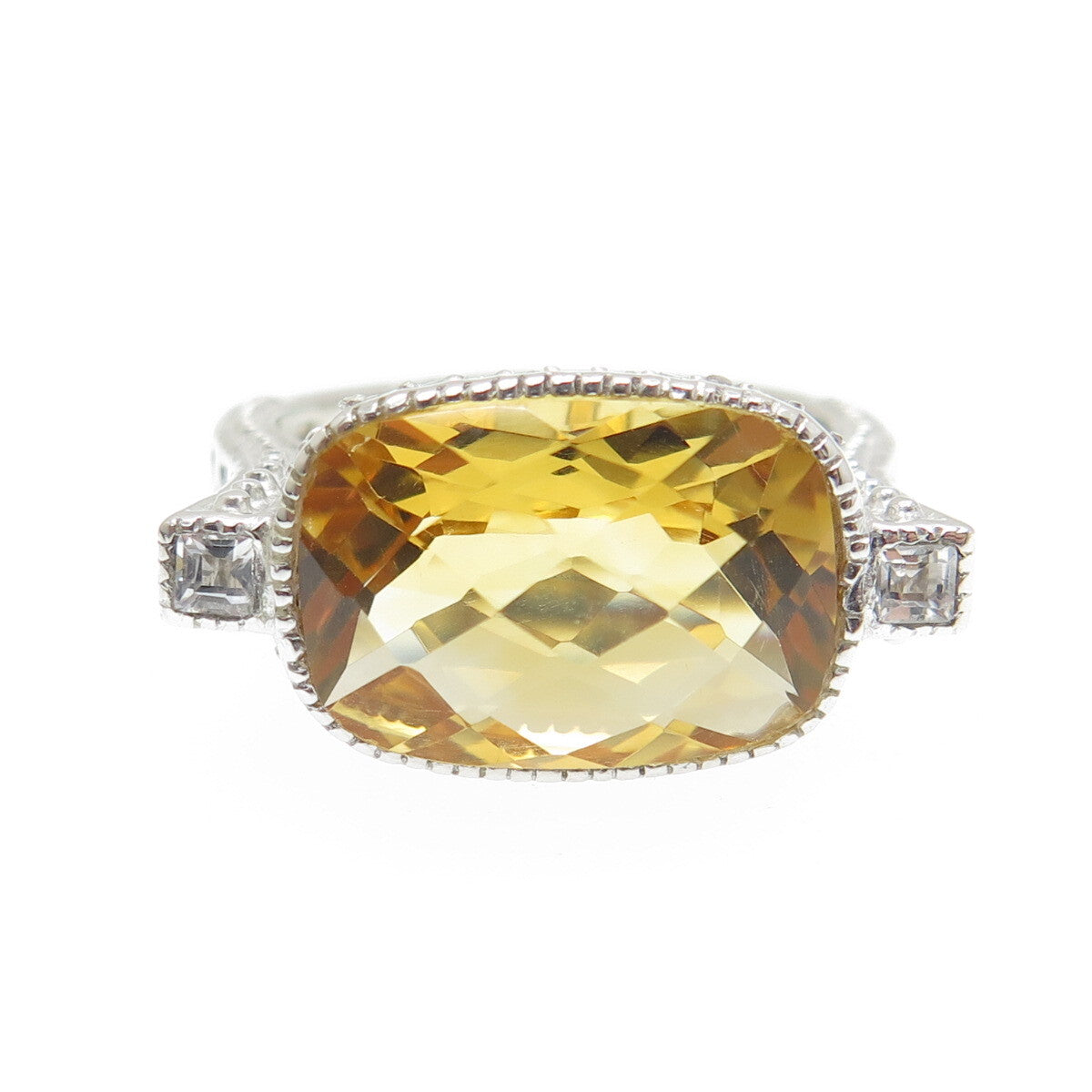 DSMK 925 Sterling Silver Checkered Citrine & White Topaz Gem Dome Ring Size 7.25