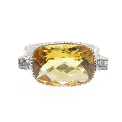 DSMK 925 Sterling Silver Checkered Citrine & White Topaz Gem Dome Ring Size 7.25