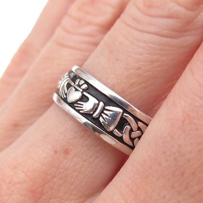Solvar 925 Sterling Silver Vintage Irish Claddagh Oxidized Band Ring Size 9.25