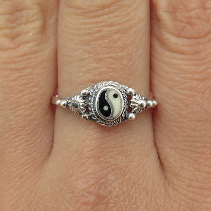 925 Sterling Silver Vintage Real Black & White Onyx Yin Yang Ring Size 9.75