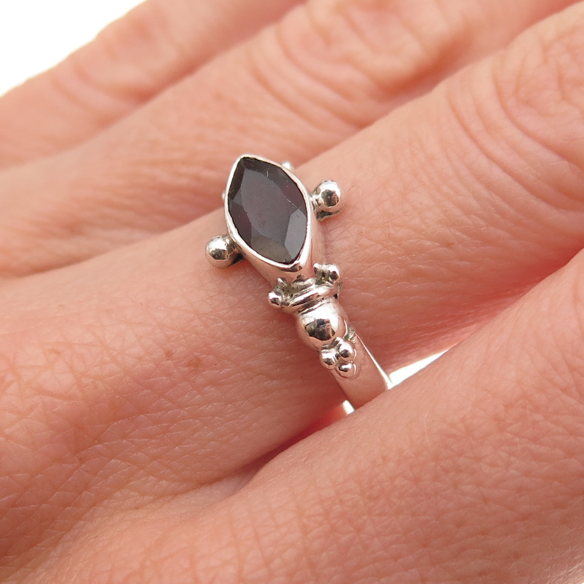 925 Sterling Silver Vintage Real Marquise-Cut Red Garnet Oxidized Ring Size 7