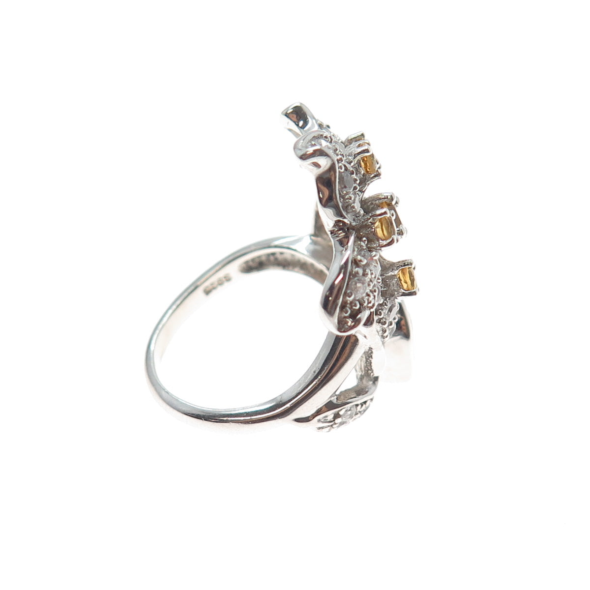 925 Sterling Silver Real Heart Round-Cut Citrine & C Z Lily Ring Size 5.75